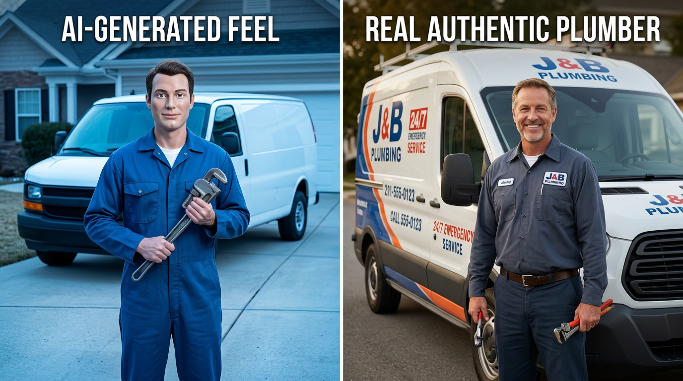 Fake stock plumber photo versus a real, enhanced business photo
