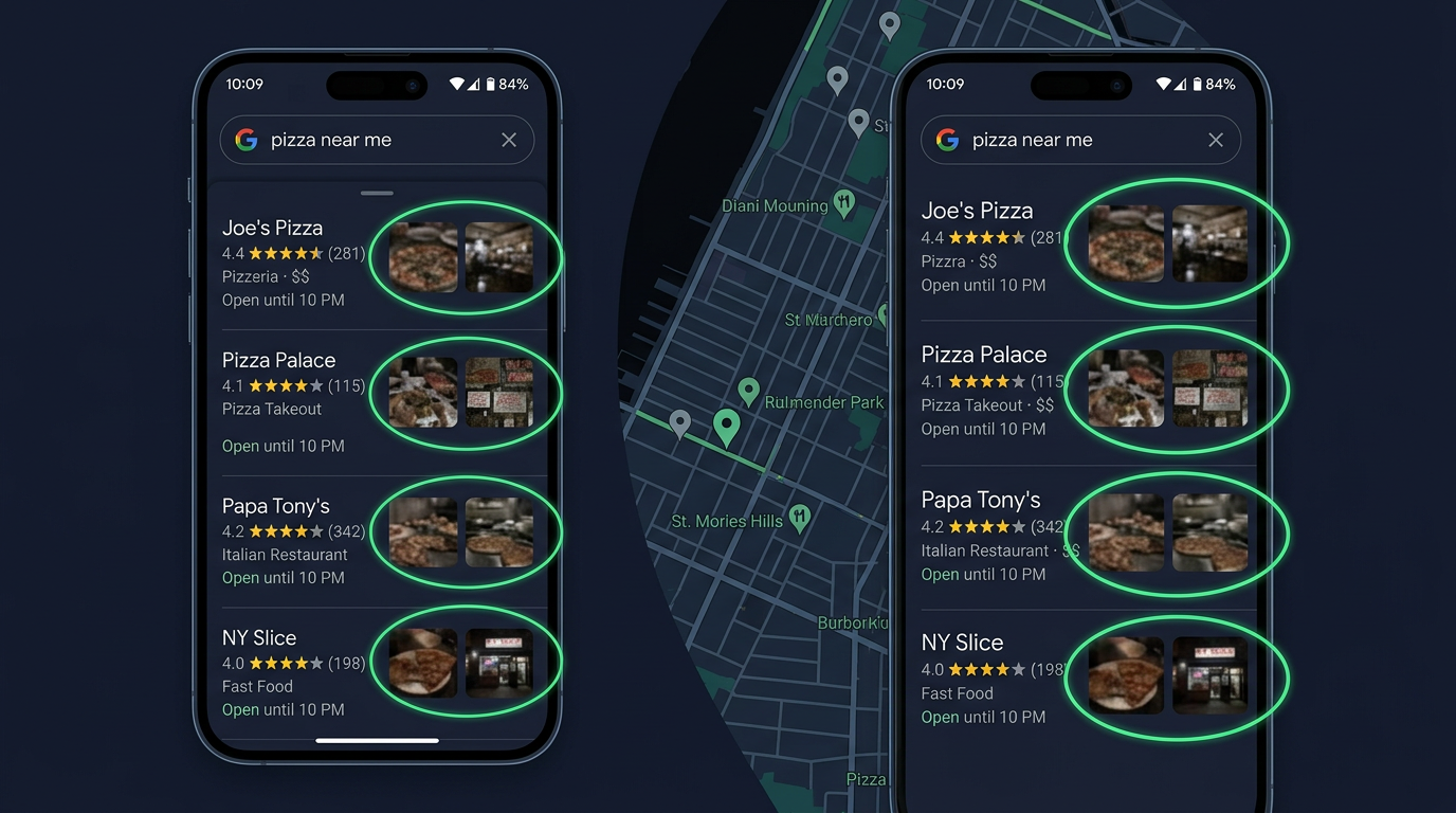 Google Maps search results showing a row of weak, blurry business photos